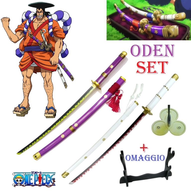 Set katane di oden per cosplay con espositore da tavolo - set di due spade giapponesi fantasy da collezione di kozuki oden della serie anime one piece.