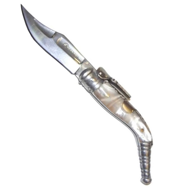 Mini coltello pattada spagnola con madreperla - miniatura da collezione di serramancio storico da combattimento con lama ad uncino ed impugnatura in sint-madreperla.