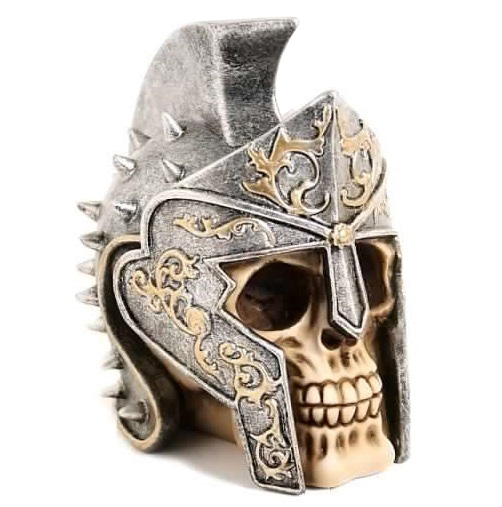 Teschio il gladiatore - soprammobile da collezione riproducente il cranio di massimo decimo meridio con elmo da gladiatore romano.