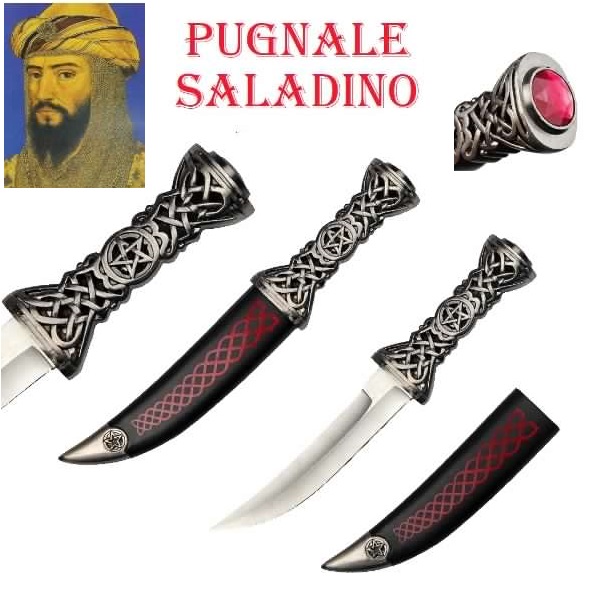 Pugnale di saladino - coltello storico da collezione a lama ricurva con fodero decorato da simboli arabi e una gemma rossa del sultano Ṣal�ḥ ad-d�n.