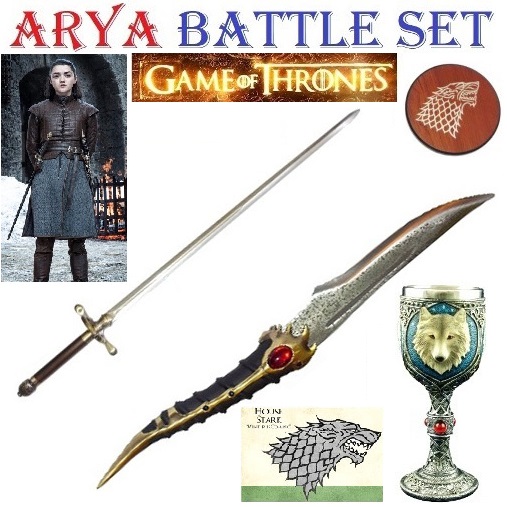 Battle set di arya stark per cosplay - kit fantasy da collezione con spada e pugnale di arya della serie televisiva il trono di spade con espositori da muro e lama incisa riproducente acciaio di valyria e calice in omaggio .