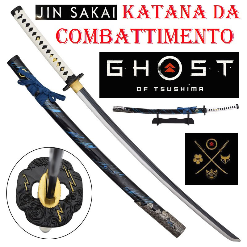 Katana jin sakai da allenamento e per cosplay con espositore da tavolo - spada giapponese fantasy per pratica di combattimento sportivo e da collezione con lama di buona qualita' del videogame ghost of tsushima.