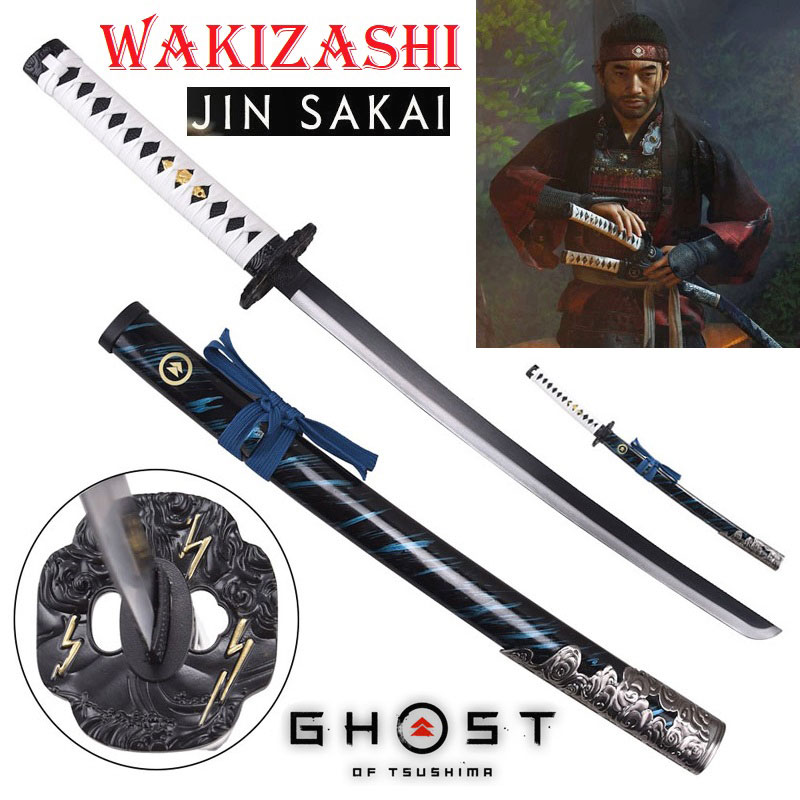 Wakizashi jin sakai per cosplay - spada giapponese ornamentale fantasy a lama corta da collezione del videogame ghost of tsushima.