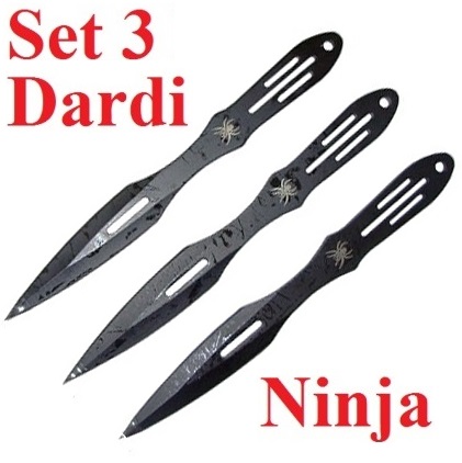 Set 3 dardi ninja con fodero - set di tre pugnali giapponesi da lancio neri di guerriero ninja.