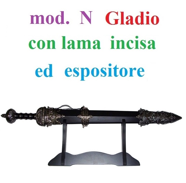 Gladio romano modello n con fodero nero e lama decorata - corta spada storica da pretoriano romano con espositore da tavolo.