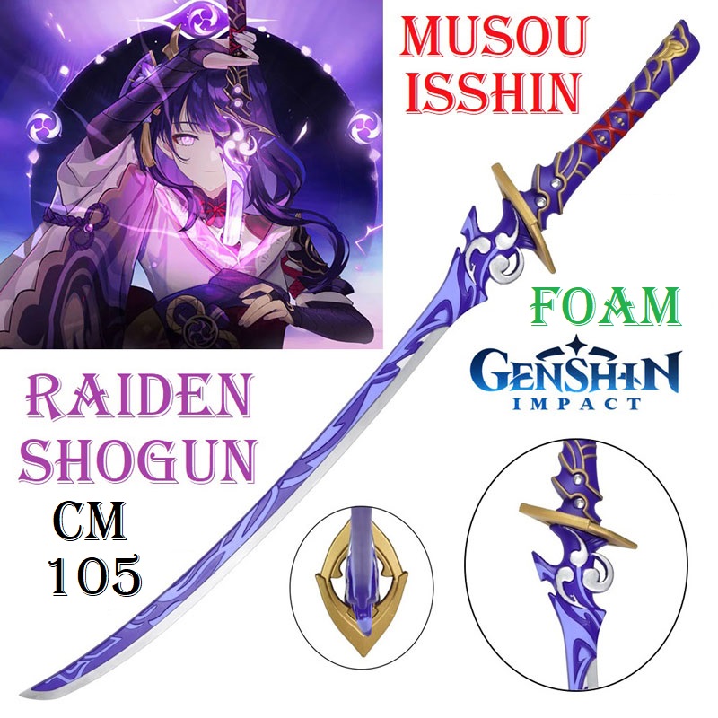 Tachi musou isshin di shogun raiden in foam per cosplay - spada magica giapponese fantasy ornamentale da collezione in gomma di raiden makoto del videogioco genshin impact.