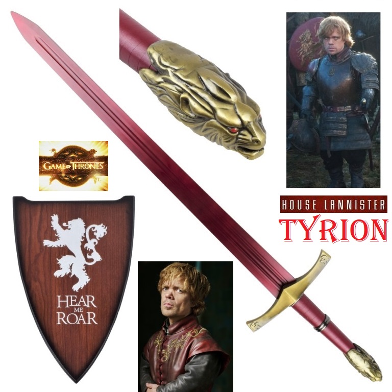 Spada di tyrion lannister deluxe con espositore da parete per cosplay - spada fantasy rossa da collezione della serie televisiva il trono di spade .