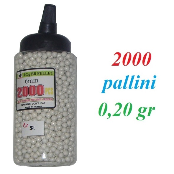 2000 pallini softair da 0,20 grammi - biberon da 2000 pallini per armi softair 6 mm da 0,20 gr.