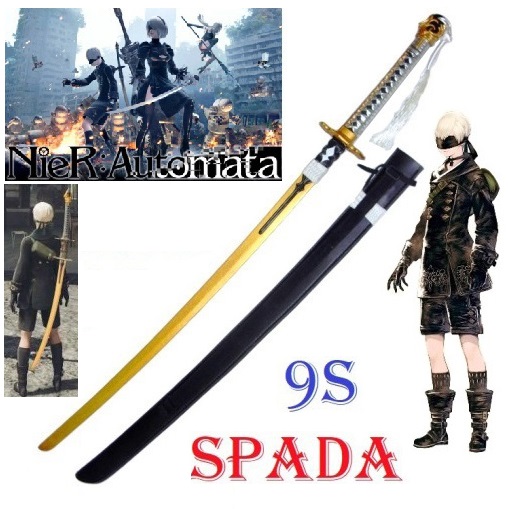 Katana androide yorha 9s per cosplay - spada giapponese dorata fantasy da collezione del videogioco nier: automata con fodero da schiena.