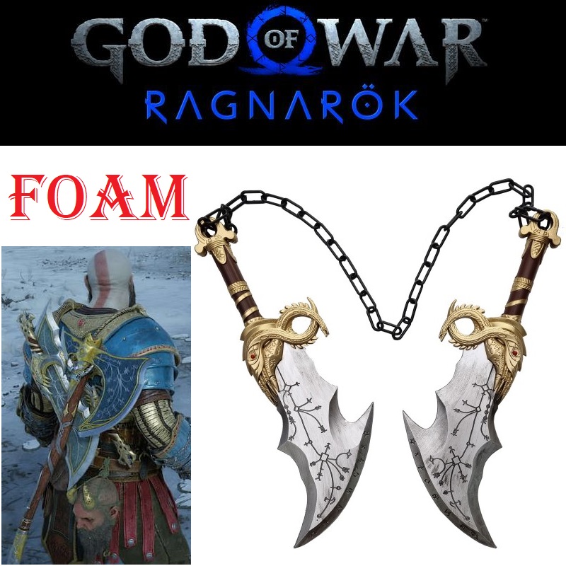 Lame del chaos ragnarok di kratos in foam per cosplay - coppia di spade fantasy da collezione in gomma del videogioco e fumetto god of war ragnarok.