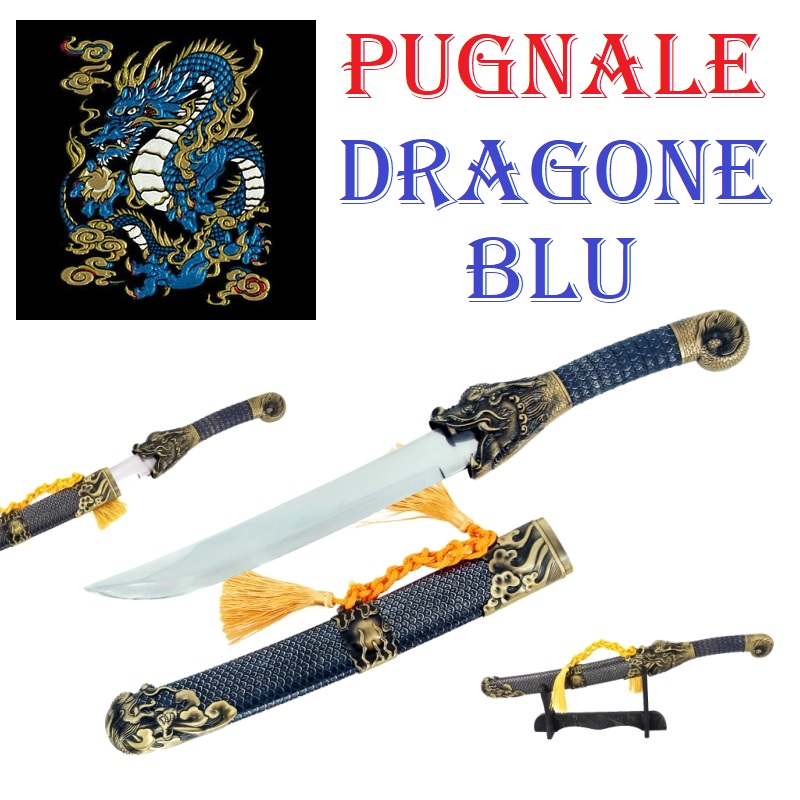 Pugnale dragone blu - coltello fantasy orientale da collezione con drago cinese blu ed espositore da tavolo  .