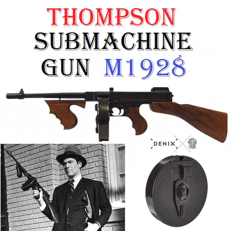 Thompson submachine gun m1928 - replica storica inerte da collezione di fucile mitra tommy gun da gangster americano con caricatore drum a ruota marca denix.
