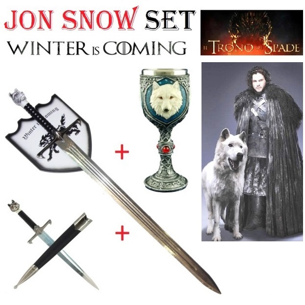 Jon snow set per cosplay - kit fantasy da collezione con spada e pugnale lungo artiglio della serie televisiva il trono di spade con espositore da muro e calice in omaggio .