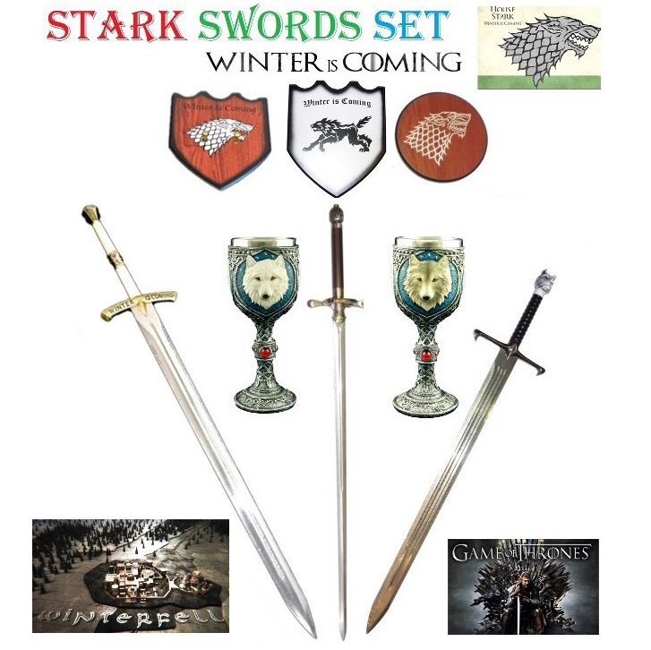 Stark swords set per cosplay - kit fantasy da collezione delle spade della casata stark della serie televisiva il trono di spade con espositori da muro e due calici in omaggio .