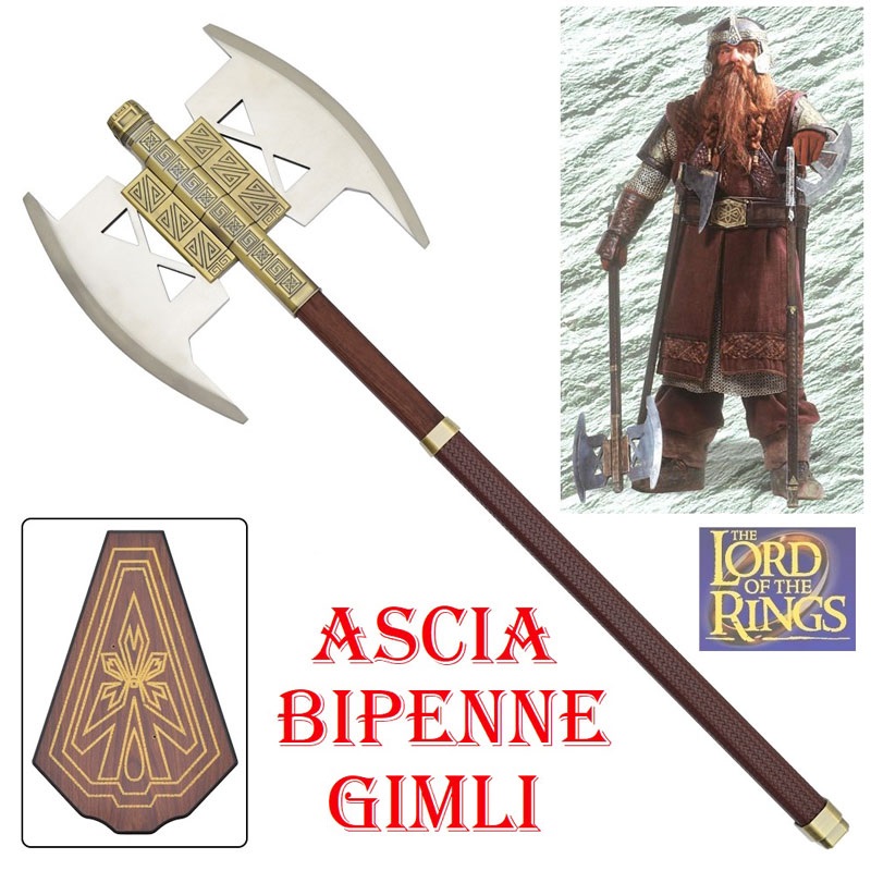 Ascia bipenne di gimli per cosplay con espositore da parete - scure nanica fantasy ornamentale da collezione con due lame dei film il signore degli anelli .