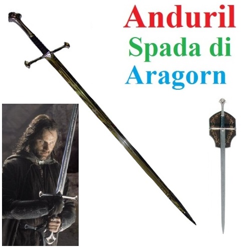 Spada anduril per cosplay  con lama incisa ed espositore da parete - spada fantasy da collezione di re aragorn del film il signore degli anelli .