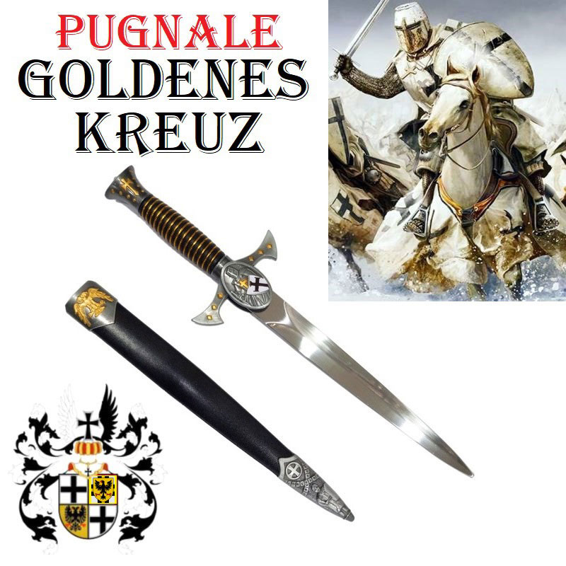 Coltello teutonico goldenes kreuz - pugnale storico tedesco da collezione con fodero decorato dai simboli dei cavalieri crociati dell'ordine dei fratelli della casa di santa maria in gerusalemme.