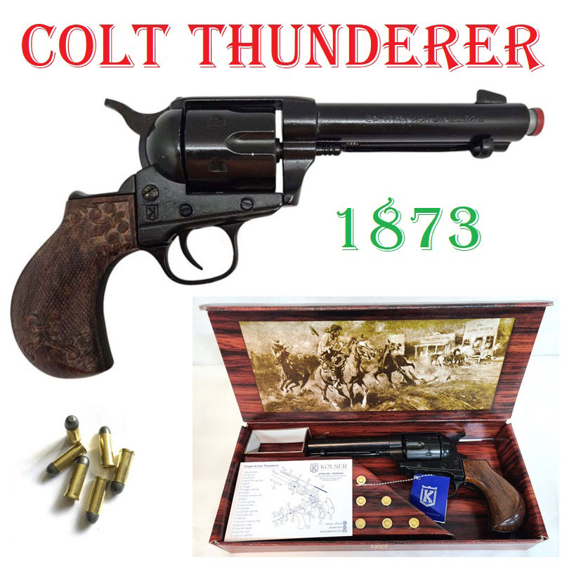 Revolver colt con canna da 3,93 pollici del 1873 in calibro 45 - replica storica inerte di pistola western americana colt single action army prototipo del modello thunderer con tamburo a retrocarica e calcio bird’s head inciso.