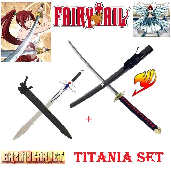 Set spade titania di erza scarlet per cosplay con espositore da tavolo - coppia di spade fantasy da collezione con fodero della maga titania della serie anime e manga fairy tail.