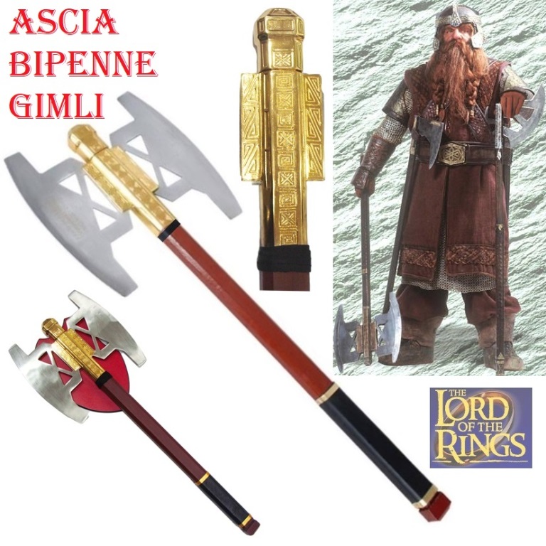 Ascia bipenne di gimli per cosplay  con espositore da parete - scure nanica fantasy da collezione con due lame dei film il signore degli anelli .