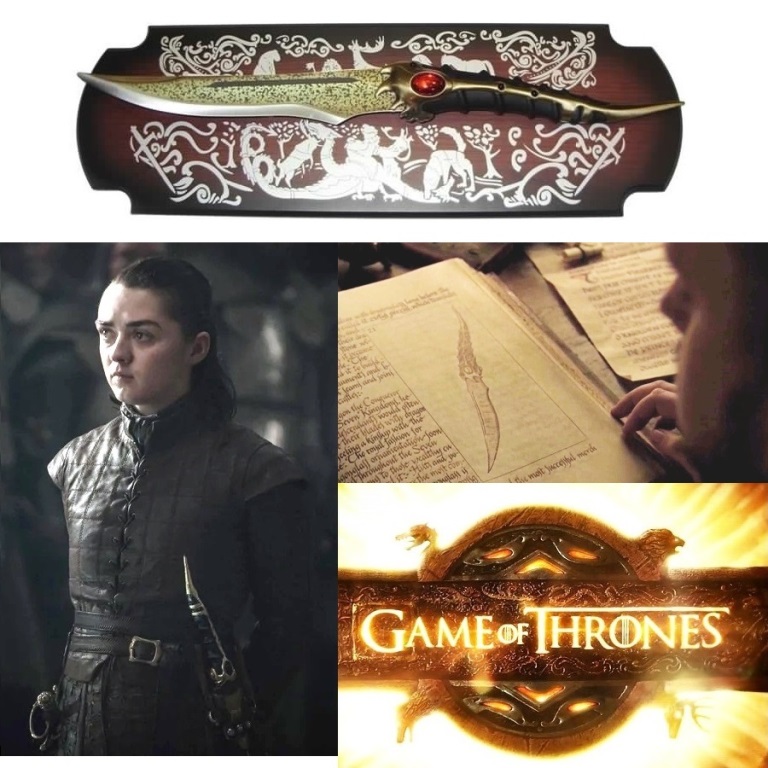 Pugnale valyria di arya stark con espositore da parete per cosplay - coltello fantasy da collezione con lama incisa di viserys targaryen della serie televisiva il trono di spade .