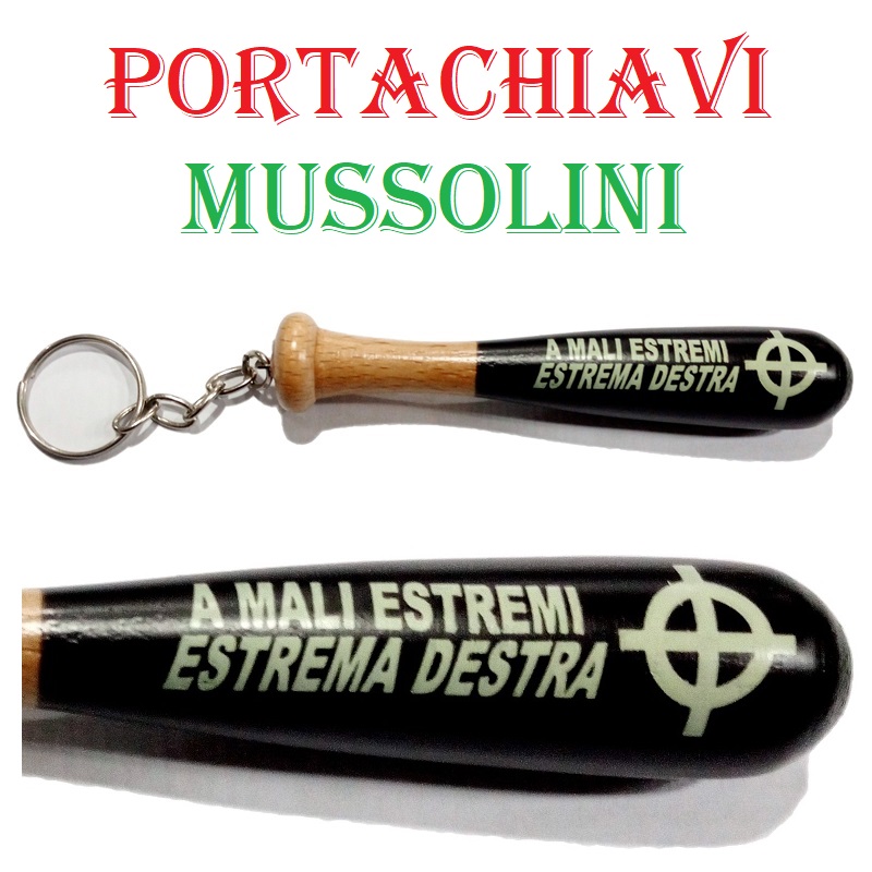 Portachiavi mussolini mazza a mali estremi estrema destra - mini mazza da baseball in legno con portachiavi e decorazioni fasciste.