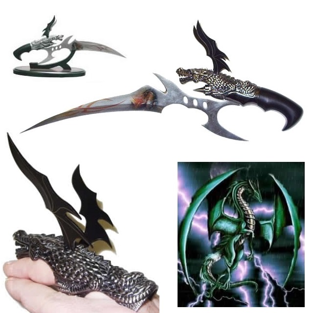Pugnale artiglio del drago di smeraldo - coltello fantasy da collezione con anello di drago alato indossabile ed espositore da tavolo.