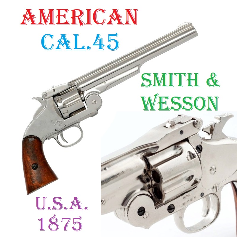 Revolver smith & wesson modello american 1875 da collezione - replica storica inerte di pistola cromata western a tamburo a retrocarica in calibro 45 con canna da 8 pollici dell'esercito degli stati uniti.