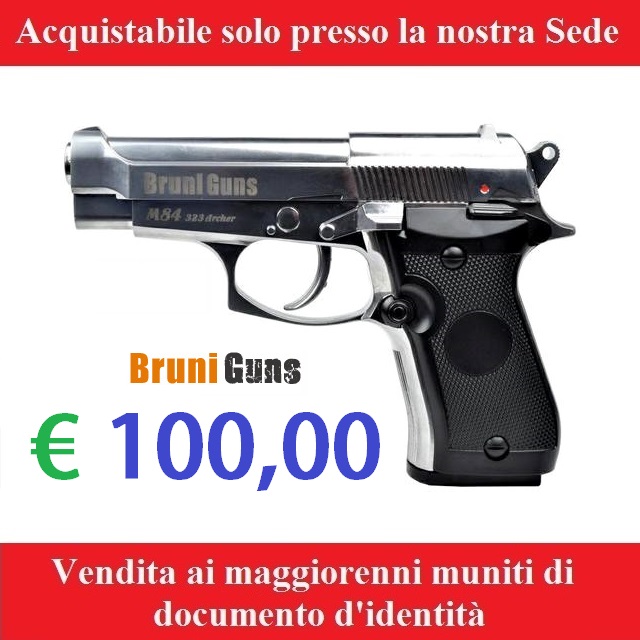 Pistola co2 bruni beretta 84 cromata - potenza inferiore ai 7,5 joule - marca bruni -versione depotenziata di libera vendita a maggiorenni .