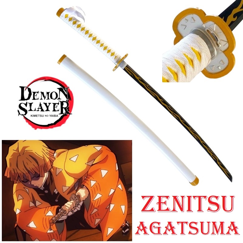 Katana nichirin ammazzademoni di zenitsu agatsuma per cosplay - spada giapponese fantasy da collezione decorata con fulmini della serie anime e manga demon slayer.
