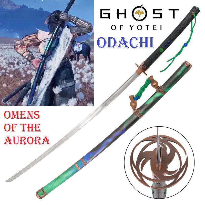 Odachi omens of the aurora per cosplay con espositore da tavolo - spada giapponese nodachi fantasy ornamentale da collezione del videogame ghost of yotei.
