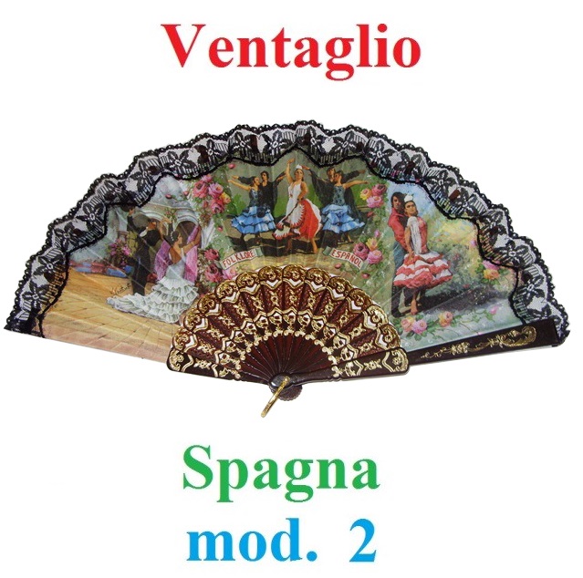 Ventaglio spagna modello 2 - ventaglio in tessuto nero con pizzi e merletti decorato con disegno di flamenco spagnolo.
