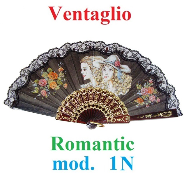 Ventaglio romantic modello 1n - ventaglio in tessuto nero con pizzi e merletti decorato con disegno romantico.