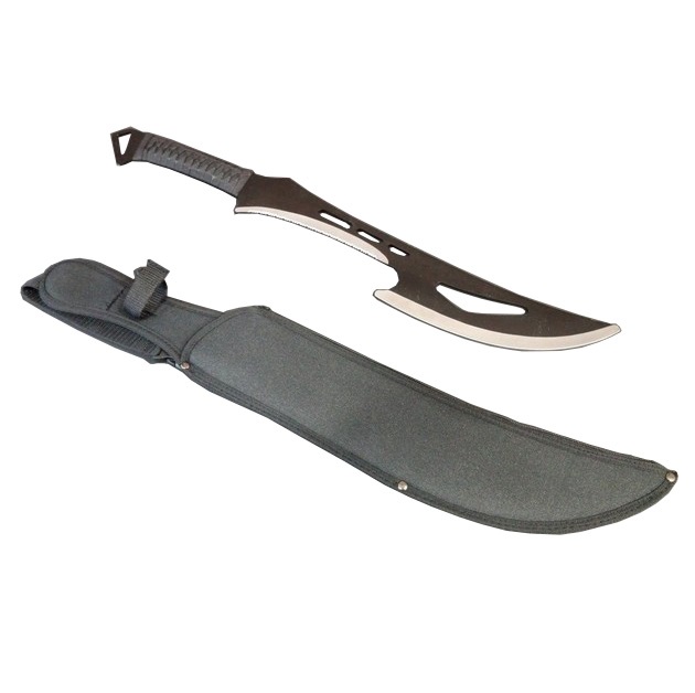 Macete zombie - coltello full tang modello machete fantasy da collezione stile horror con lama nera dentata e fodero da schiena.