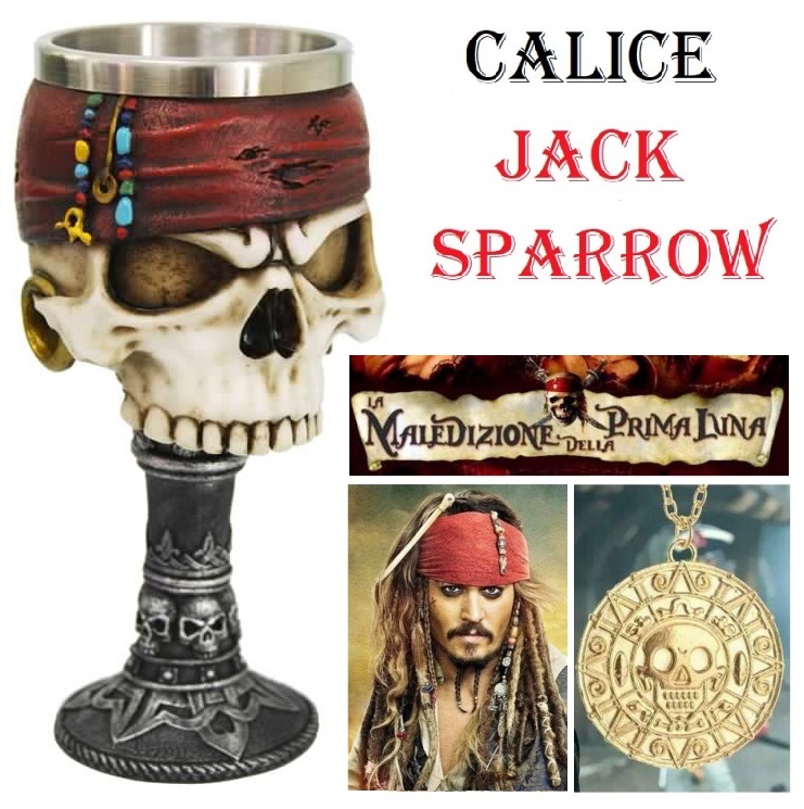 Calice jack sparrow - coppa fantasy da collezione con teschi e gemme in metallo e resina ispirata ai film pirati dei caraibi .