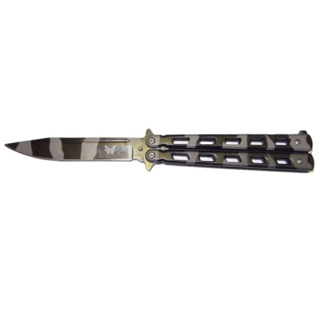 Coltello butterfly tiger - balisong camo scheletrato - coltello a farfalla per arte marziale filippina kali modello tiger mimetico grigio e nero con impugnatura scheletrata.