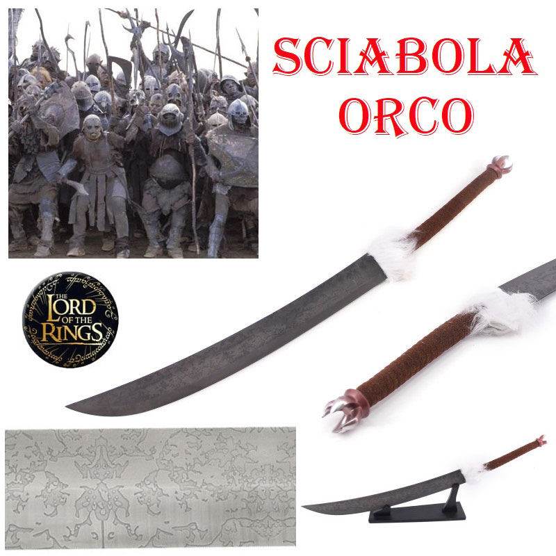 Sciabola di orco con espositore da tavolo per cosplay - spada ornamentale fantasy da collezione a lama curva dei film il signore degli anelli e lo hobbit.