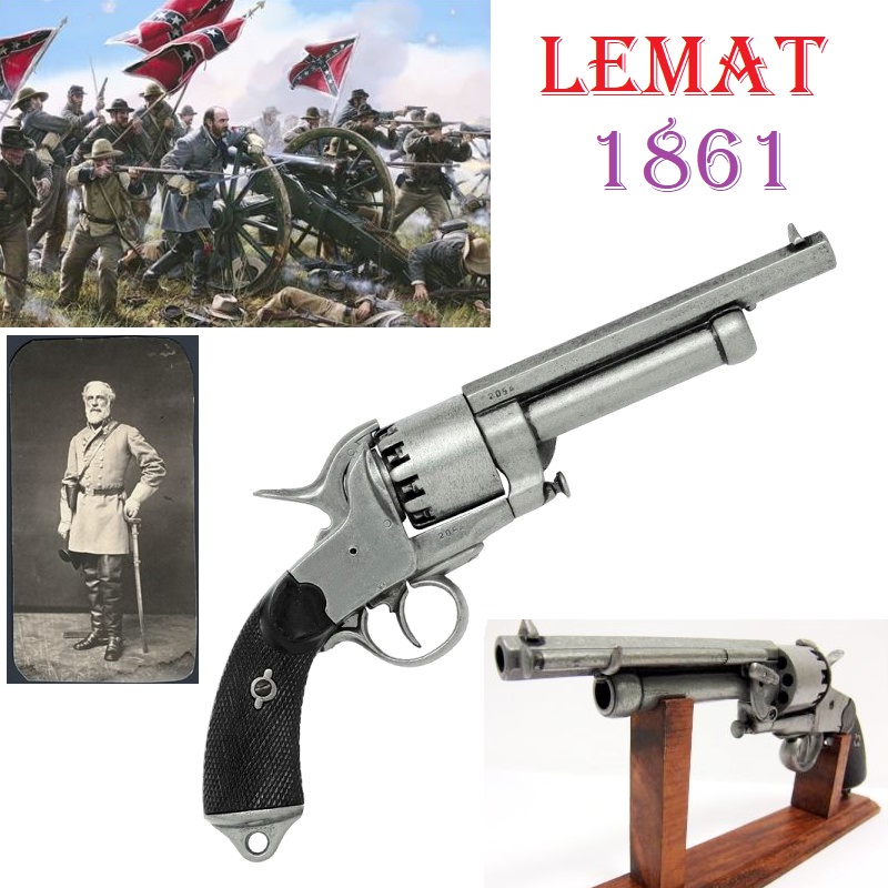 Revolver confederato lemat 1861 da collezione - replica storica inerte di pistola a 2 canne a tamburo ad avancarica dell'esercito sudista della guerra di secessione americana .