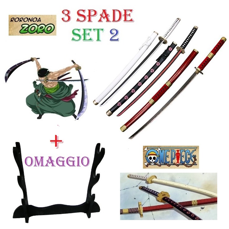 Set 3 katane di zoro modello 2 per cosplay con espositore da tavolo - set di tre spade giapponesi fantasy da collezione di roronoa zoro della serie anime e manga one piece.