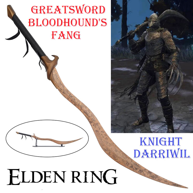 Greatsword bloodhound's fang per cosplay con espositore da tavolo - spada fantasy ornamentale zanna del segugio del cavaliere darriwil da collezione del videogioco elden ring.