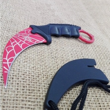 Karambit spider web red con fodero da collo - coltello asiatico con lama ad artiglio di tigre rossa decorata con ragnatela.