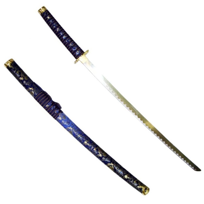 Katana seta drago blu - spada samurai giapponese setificata di colore blu e oro con fodero.