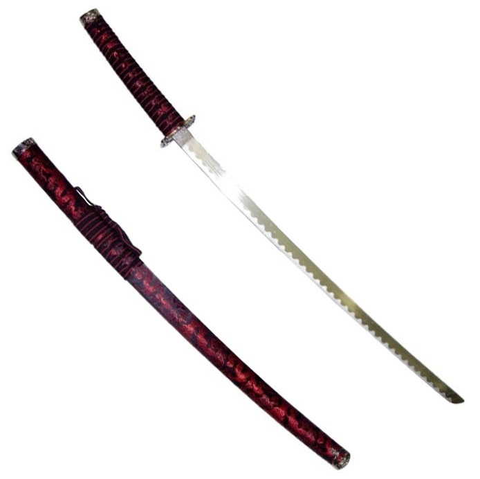 Katana seta drago rosso - spada samurai giapponese setificata di colore rosso e nero con fodero.