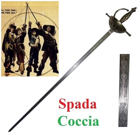 Spada modello coccia con lama incisa prodotta in italia - replica di fioretto storico medievale con impugnatura a coccia.