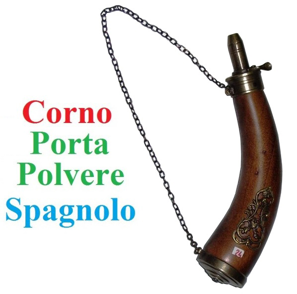 Corno porta polvere spagnolo - replica storica di fiasca spagnola porta polvere da sparo in legno decorato.