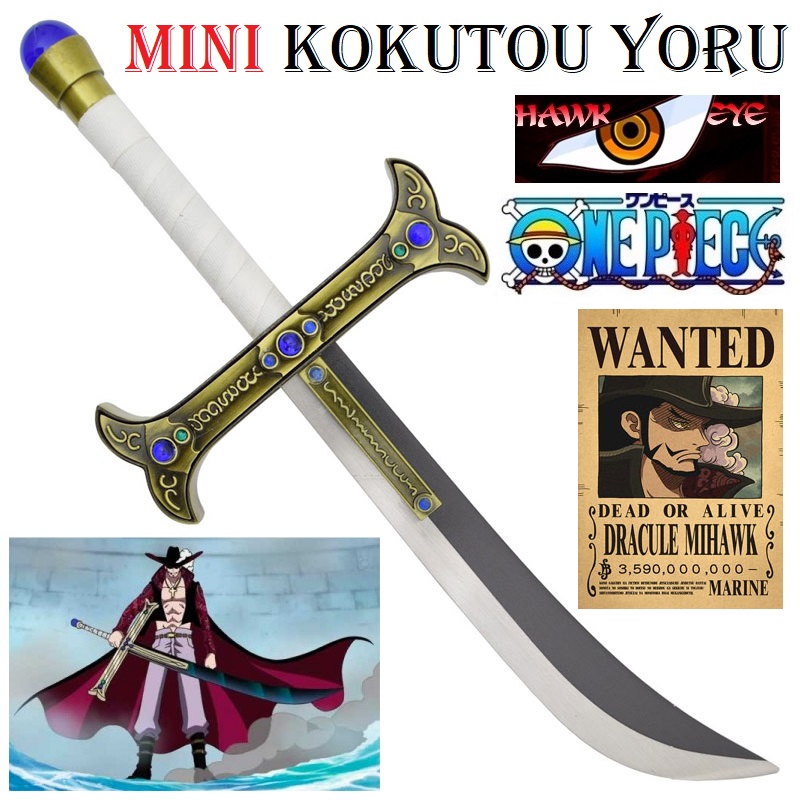 Mini spada kokutou yoru di drakul mihawk per cosplay - pugnale fantasy ornamentale da collezione notte della spada nera di occhi di falco con espositore da tavolo della serie anime e manga one piece.