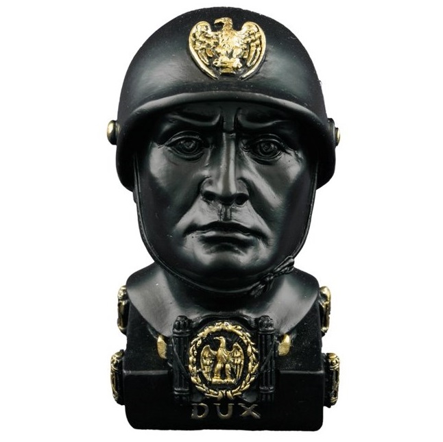 Busto dux modello 2 - busto nero del duce benito mussolini con elmetto militare decorato con simboli fascisti.