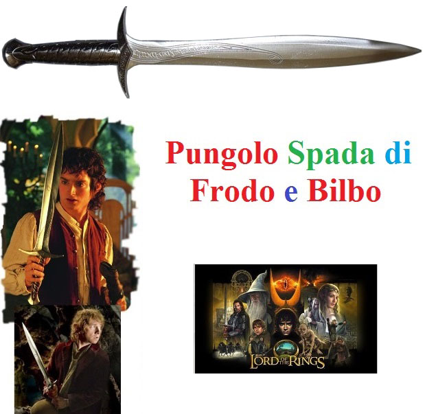 Pungolo per cosplay con espositore da parete - spada fantasy da collezione di frodo del film il signore degli anelli  - spada elfica sting in mithril di bilbo del movie lo hobbit .