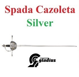 Spada modello cazoleta silver del xvi secolo in acciaio di toledo - replica di fioretto storico medievale spagnolo del sedicesimo secolo con impugnatura a coccia - marca gladius .