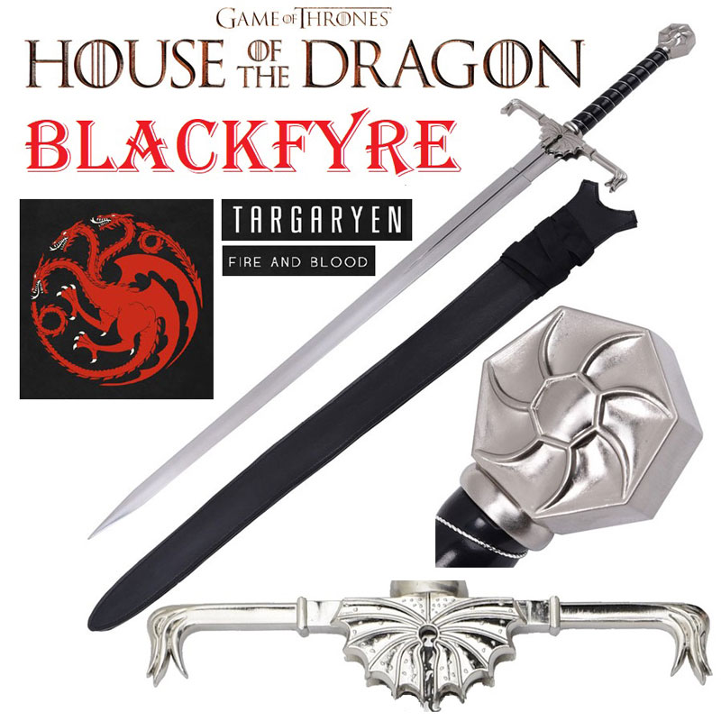 Spada blackfyre della casata targaryen per cosplay con fodero da schiena - spadone fantasy da collezione fuoco nero di aegon il conquistatore della serie televisiva il trono di spade .